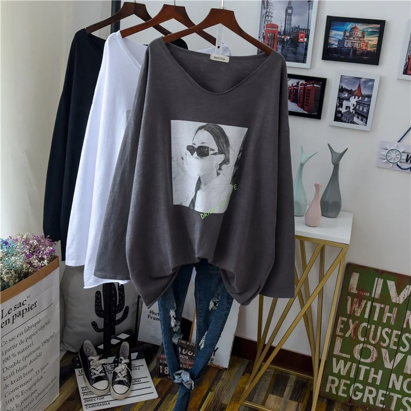 

Soft Long Sleeve T-shirt Women Loose Casual Oversized Cotton Pullover Shirt Portrait Printied Streetwear Hip-hop Tshirt, Green/blue/orange