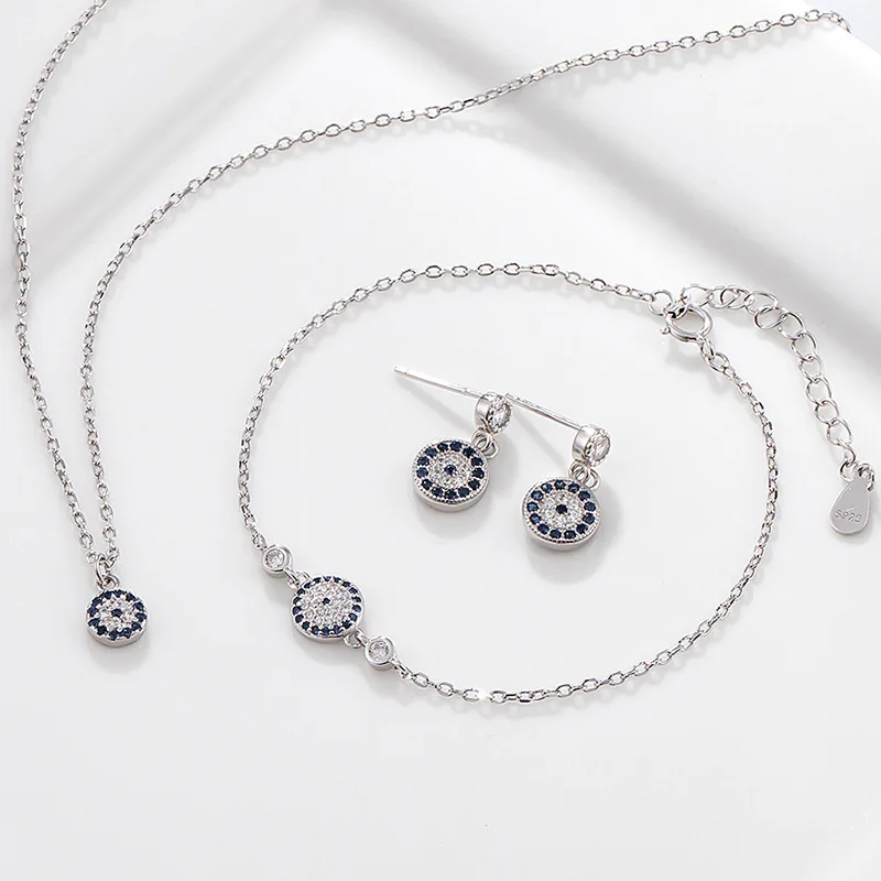 

Hot sale classic Eye sets 925 Sterling Silver Blue Evil Eye Zircon Pendant Necklace Bracelet Earrings Jewelry Set
