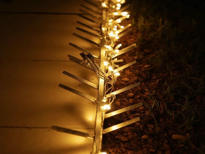 Finished DIY spike strip holding multiple strands of outdoor Christmas lights