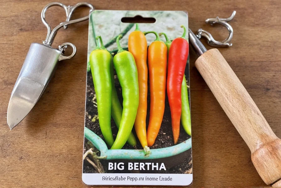 Close-up of Big Bertha pepper seeds in packet with gardening tools