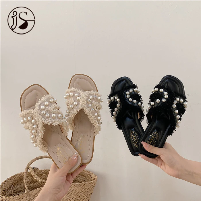 

2021 fashion pearl women slides outdoor casual slippers for women fancy anti slip slippers, Customized color