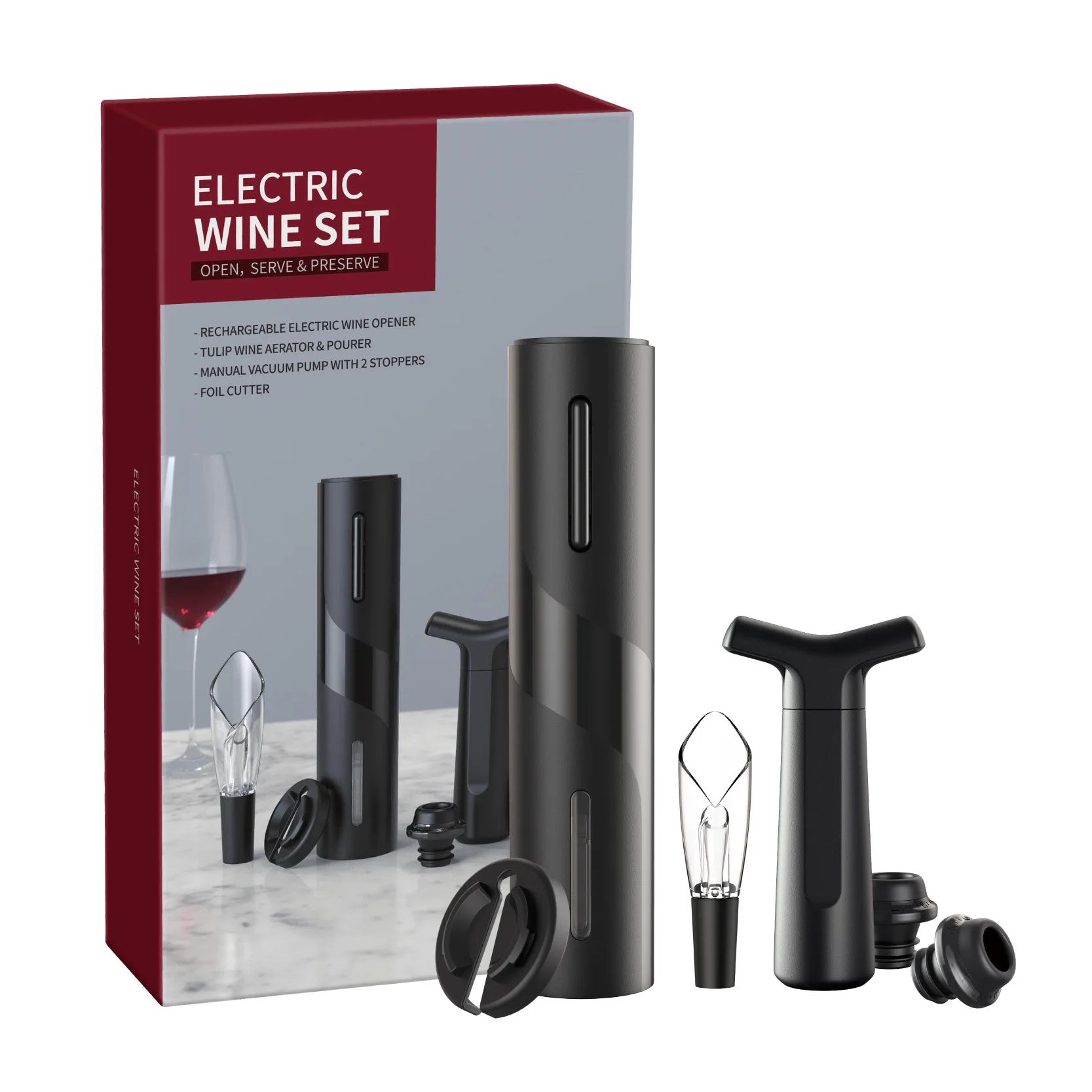 

Elegant New Design Electric Wine Bottle Opener Set Accessory With Pourer Wine Stopper