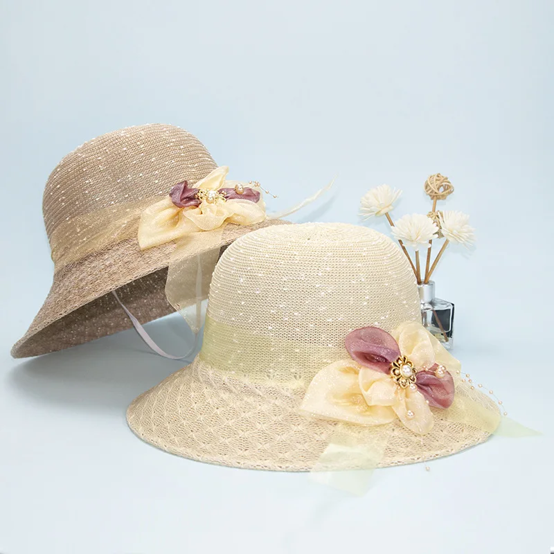 

MIO 2023 Fashion Bow Lace Pearl Visor Sun Hat Women Summer Wide Brim Straw Hat Outdoor Holiday UV Protection Beach Bucket Hat