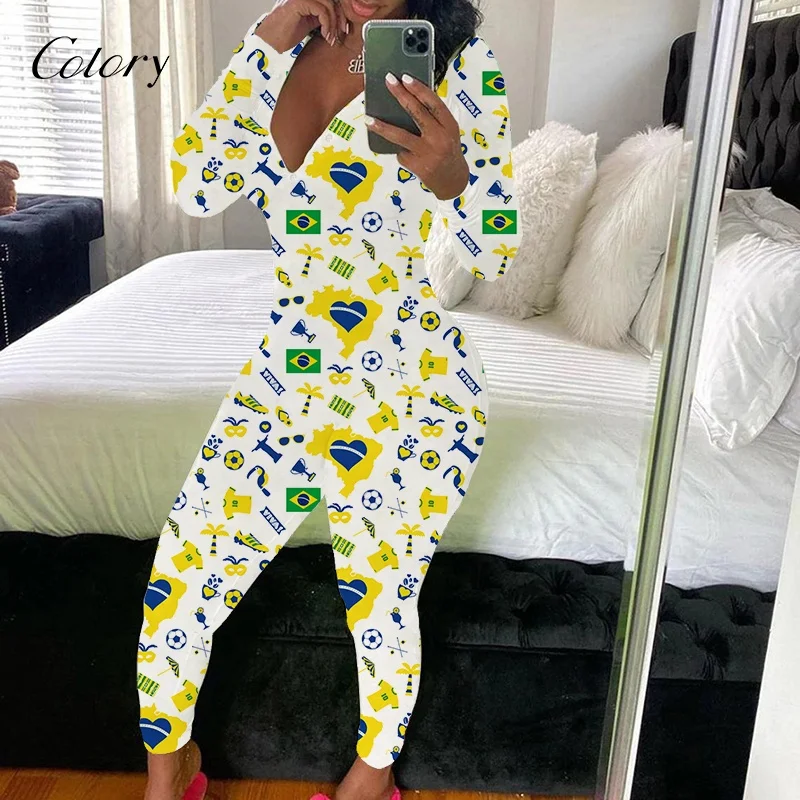 

Colory Hot Casual Long Sleeve Printed Cartoon Women Onesie Sexy Jumpsuit Lady Bodysuit Bodycon Romper, Customized color