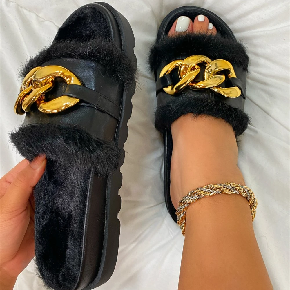 

Fashion Plus Chain Plush Slipper Sandals for Women Slides Slippers Ladies Fluffy Furry Slippers Fuzzy Faux Fur Sandal Shoes