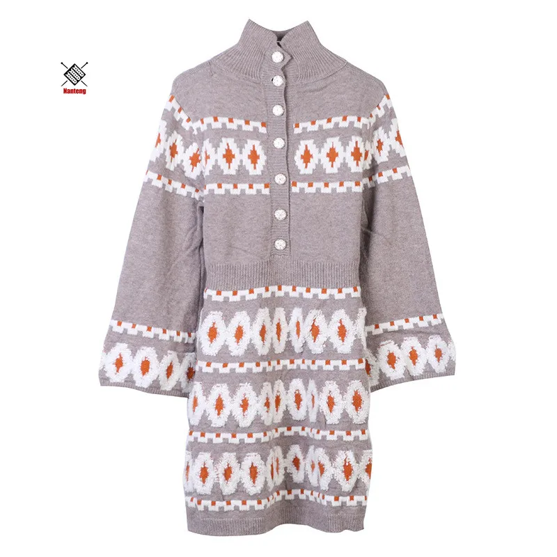 

High Quality Casual Mock Neck Mandarin Sleeve Women Custom Knit Sweater Dress