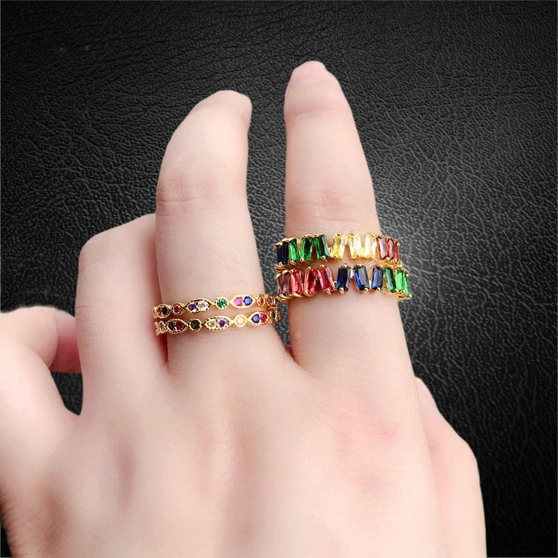 

New Fashion Jewelry Bling Crystal Rhinestone Colorful Zircon Rainbow Ring For Woman, Gold