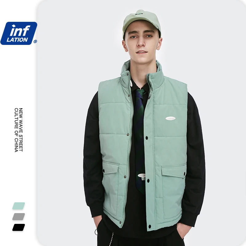 

INFLATION Wholesale Cotton-Padded Vest Mens Winter Warm Waistcoat 2020 AW Thick Sleeveless Bubble Jacket, Gray green, dark gray, black