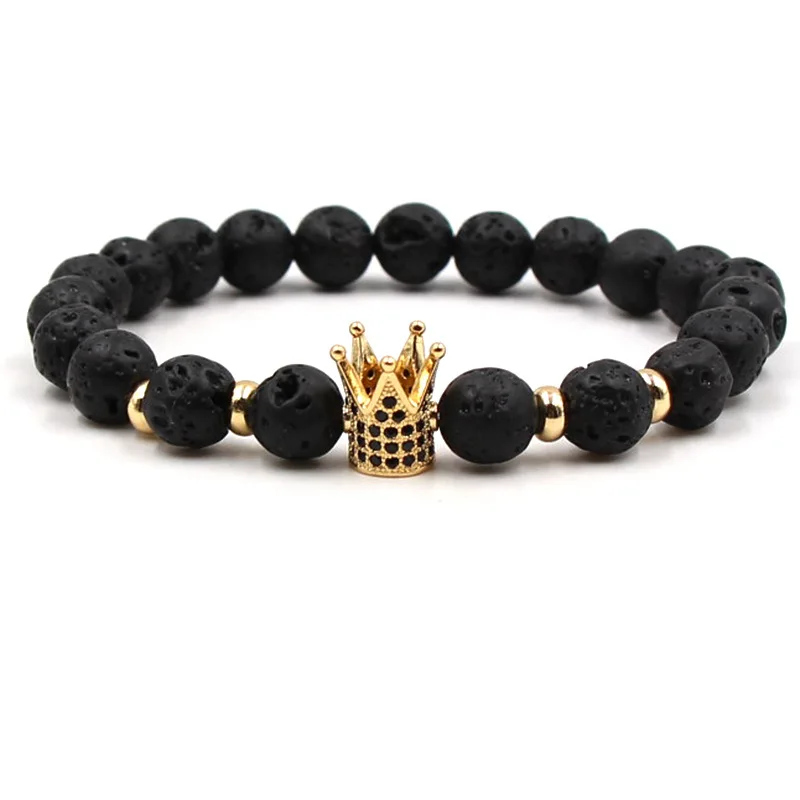 

HPXmas 2020 Wholesale Fashion Natural Stone Bracelets Micro Pave Zircon Crown Beaded Lava Stone Bracelet For Men Gift