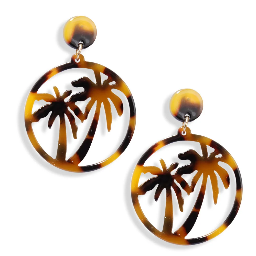 

Amazon Hot Sale Acrylic Resin Geometric Round Circle Coconut Tree Earrings Acetate Tortoiseshell Coconut Palm Earrings