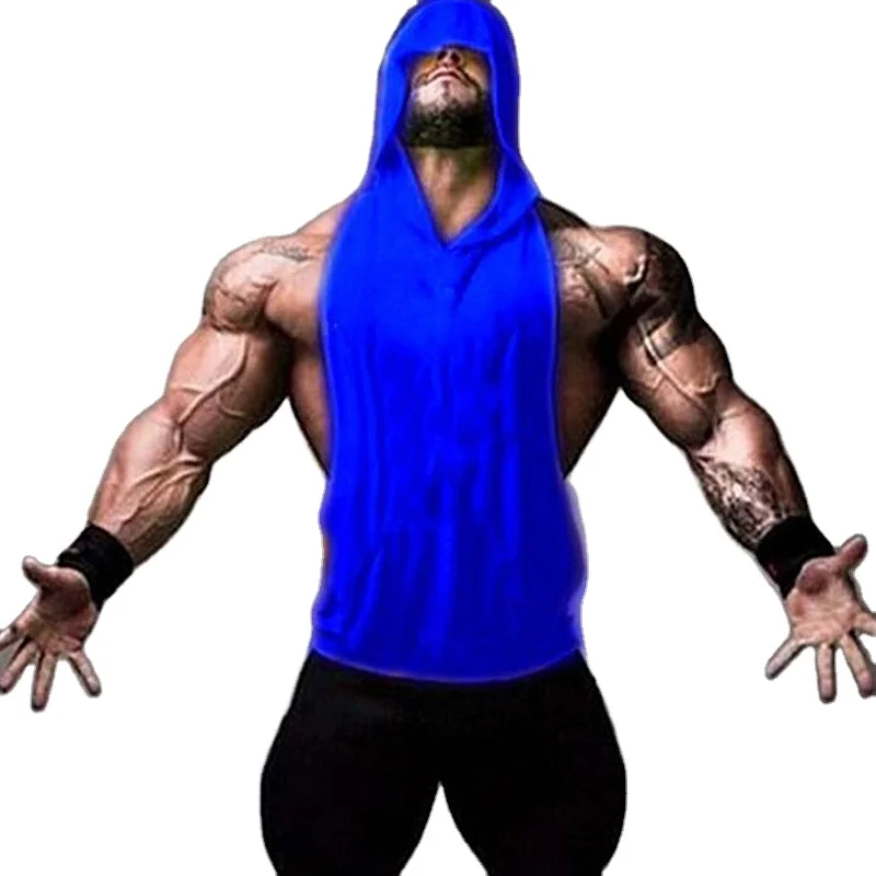 

Wholesale muscle vest custom logo men's cotton gym hoodie vest sleeveless training suit sportswear running hoodie, Black