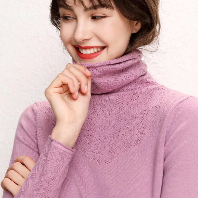 

2020 New Fashion Cashmere Sweaters Turtleneck Basic Knitwear Plus Size Knitted Tops Flower Hollow Out Women Sweater Pullover, Solid color as shown