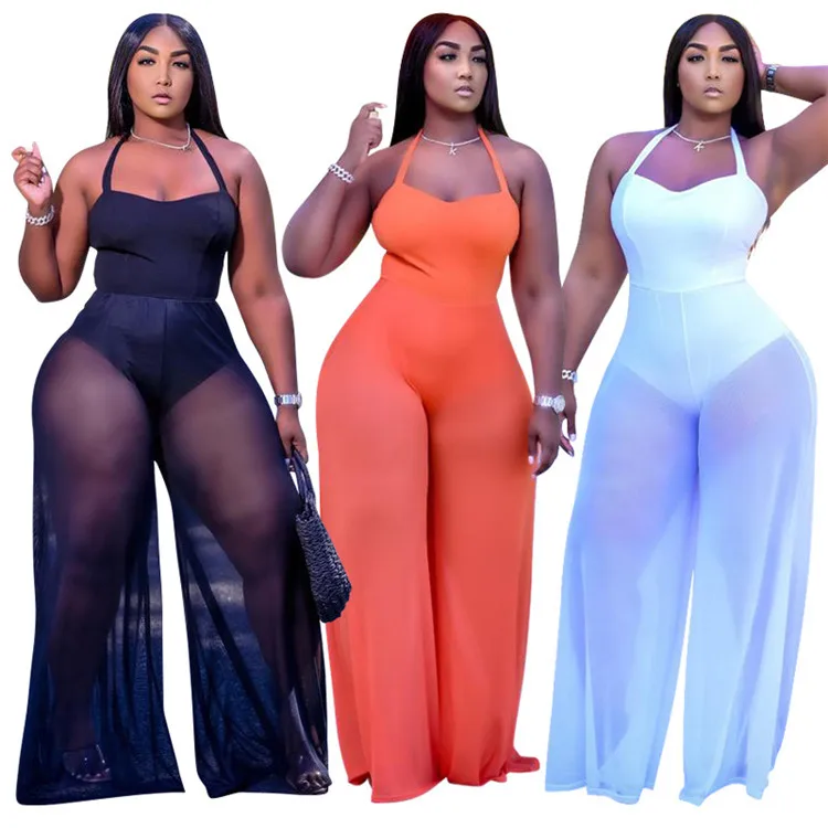 

Summer fashion plus size jumpsuit sexy halter backless sleevesless hollow see through splice club loose wide leg pants
