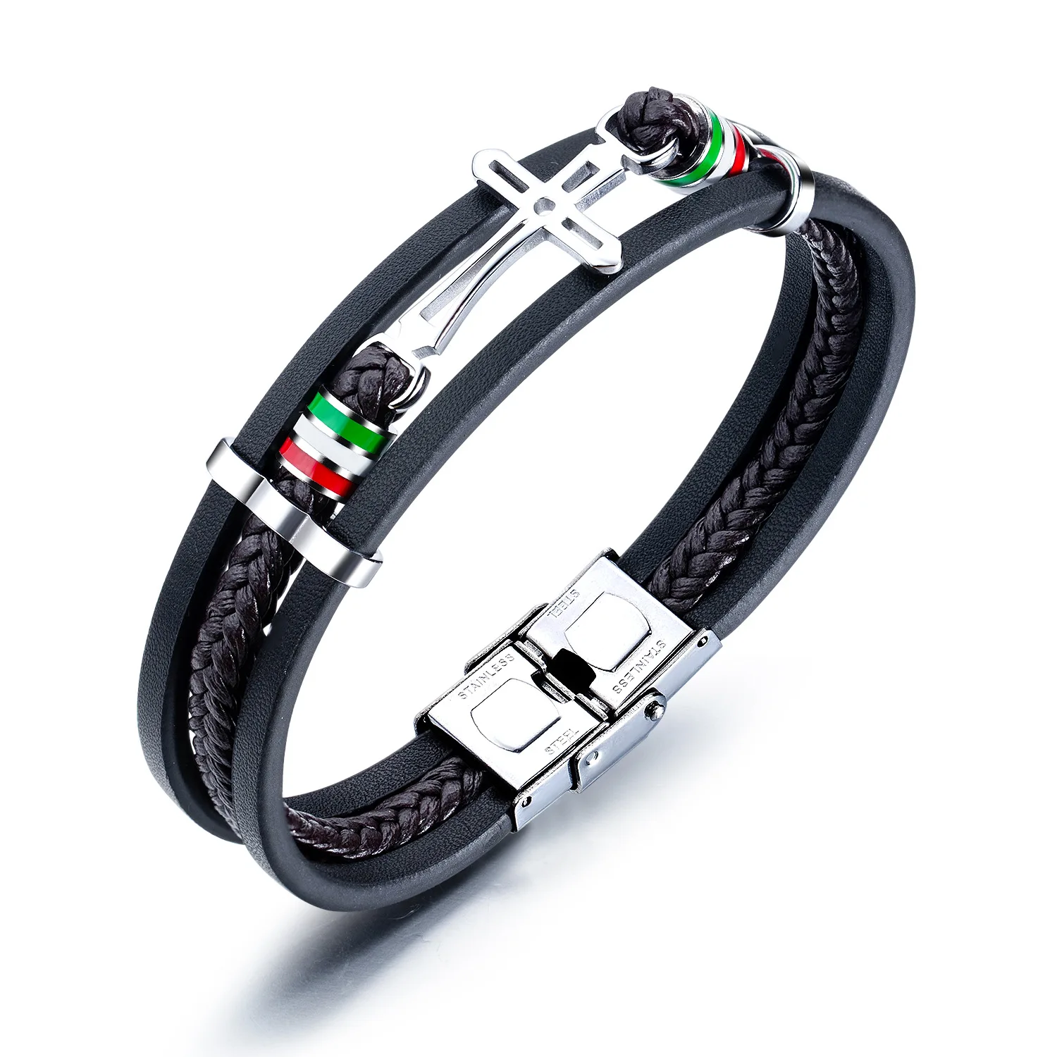 

Multi Layer Leather Stainless Steel Cross Religious Adjustable Bracelet
