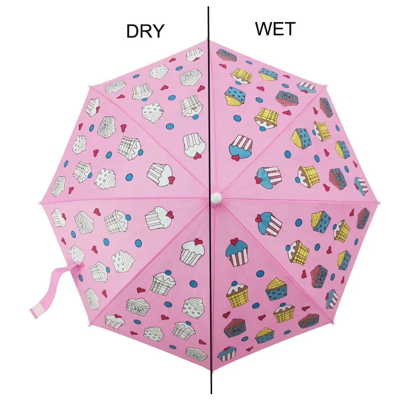 

190T Pongee Manual open straight Pink umbrella for girls, kids umbrella with color change print kids raincoat