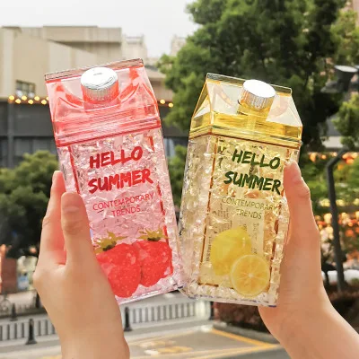 

Fashion Sports Rectangle Print Clear Plastic Milk Carton Water Bottle With straw, Pink, yellow ,green, red