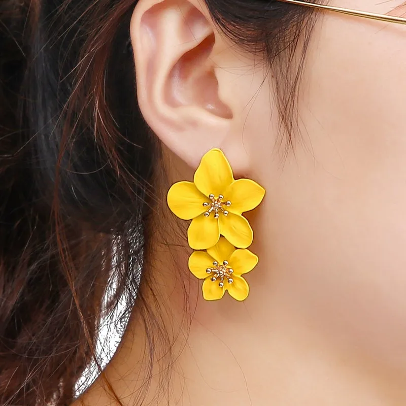 

2021 Boho Big Double Flower Drop Earrings Summer Beach Party for Woman Fashion Jewelry Girl Gift, As photos