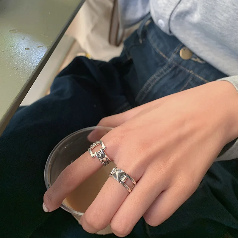 

ENSHIR Vintage Jewelry Geometric Square Thai Silver Ring for Women Men Couple Gifts, Picture shows