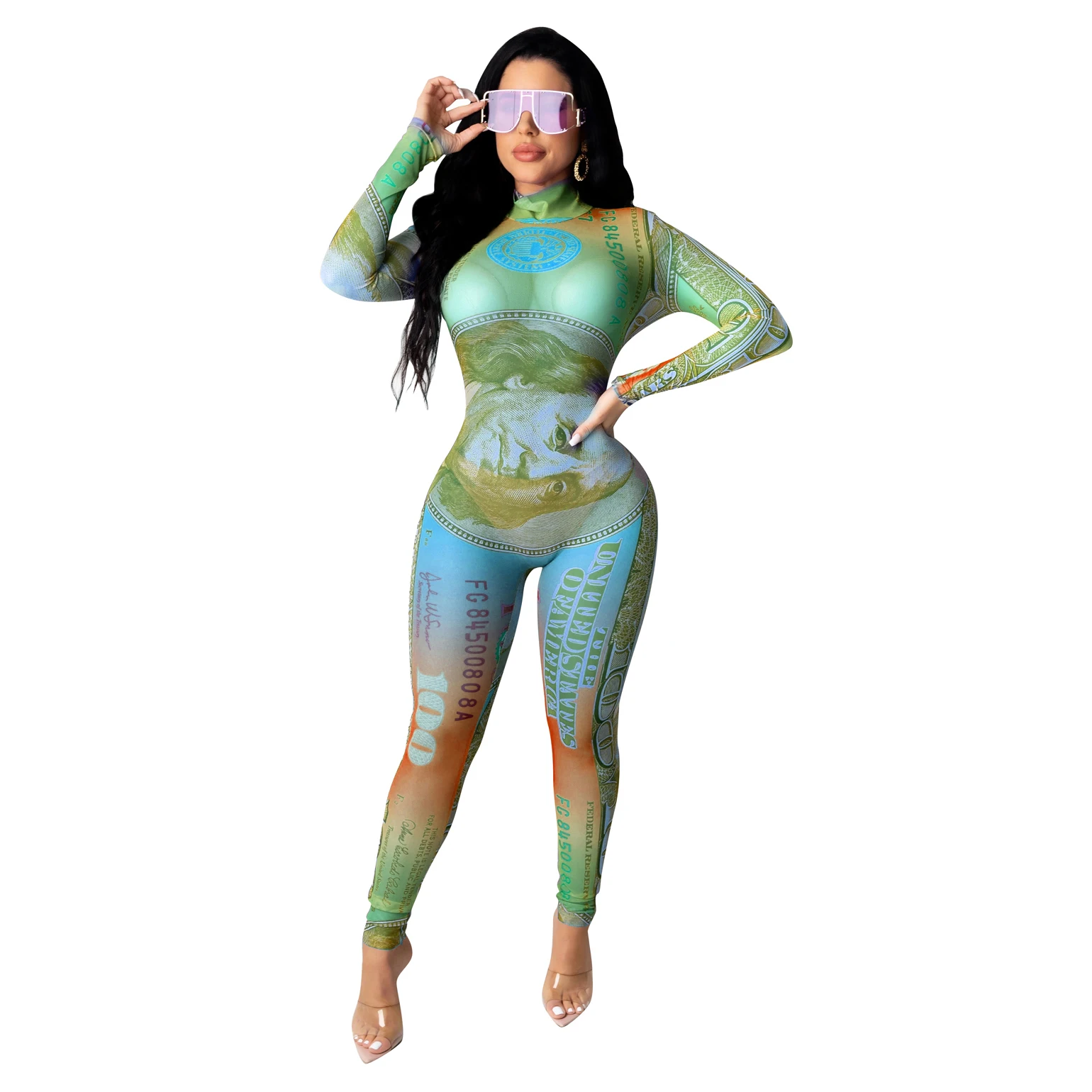 

Wholesale Sexy green money Jumpsuit Money Bodysuit Adult Jumpsuits for women 2020, 3 colors