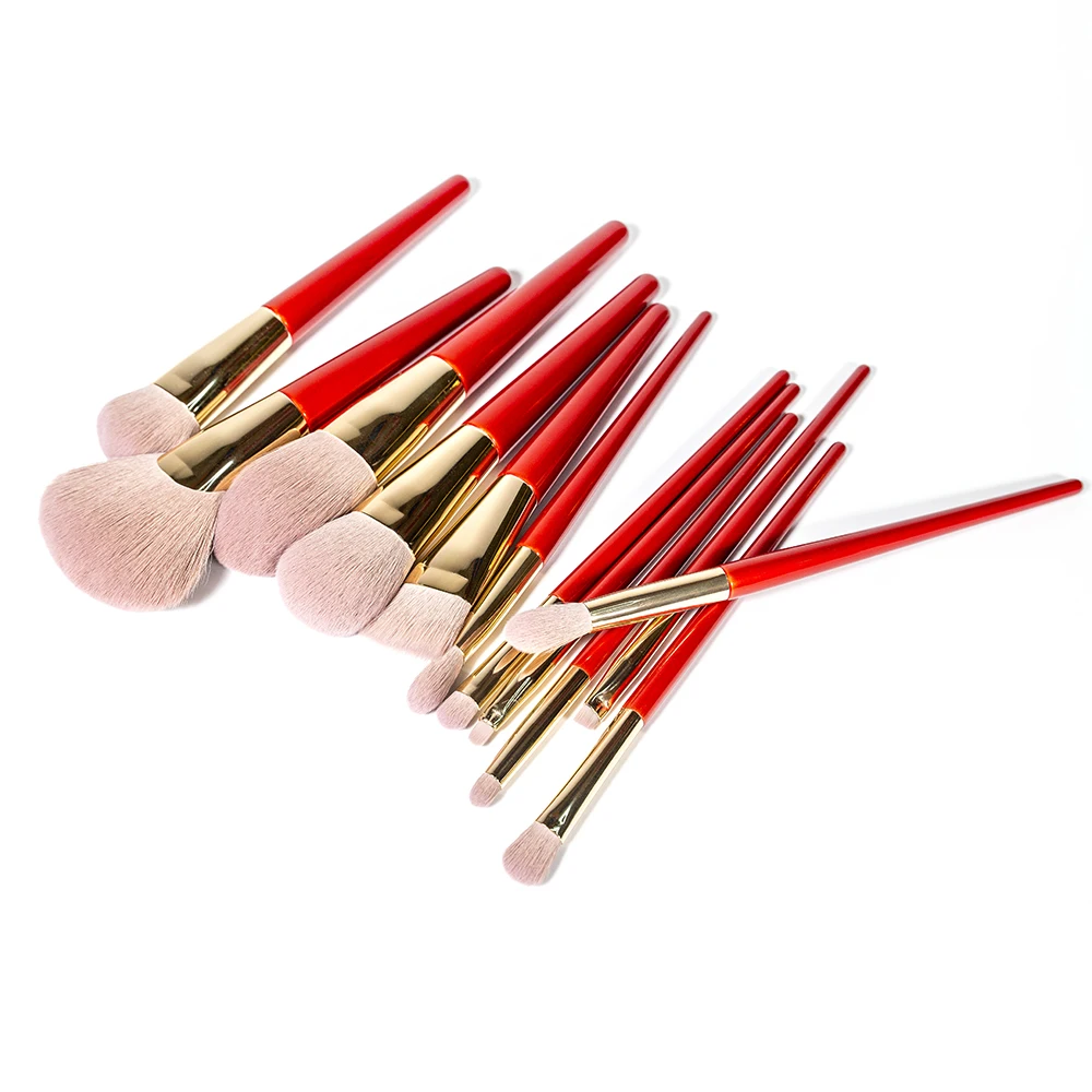 

Professional 12PCS Red Color Luxury Diamond Private Label Cosmetic Foundation Blush Eye Shadow Eyebrow Makeup Brush Set Kit, Customized color