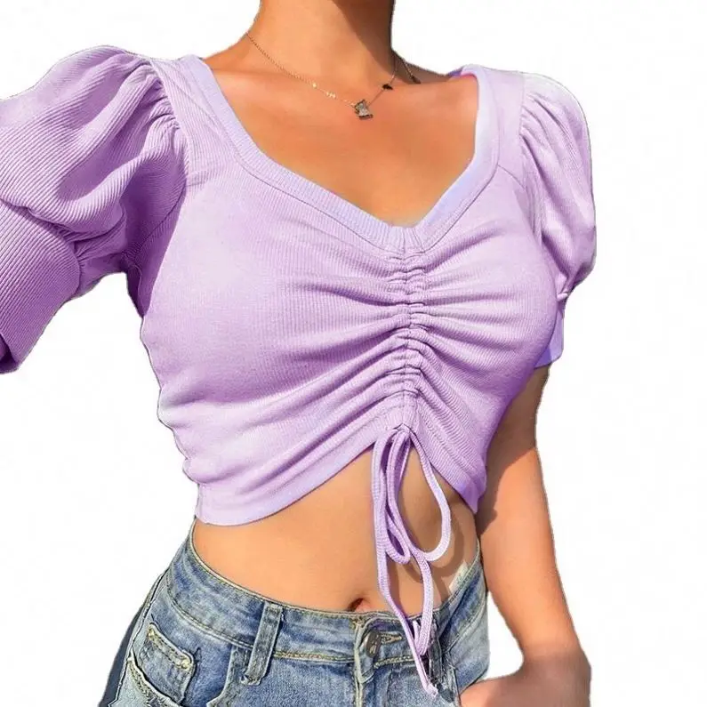 

Hot Sale Summer Sweet Puff Short Sleeve Sexy Lady's Blouse Women Crop Tops