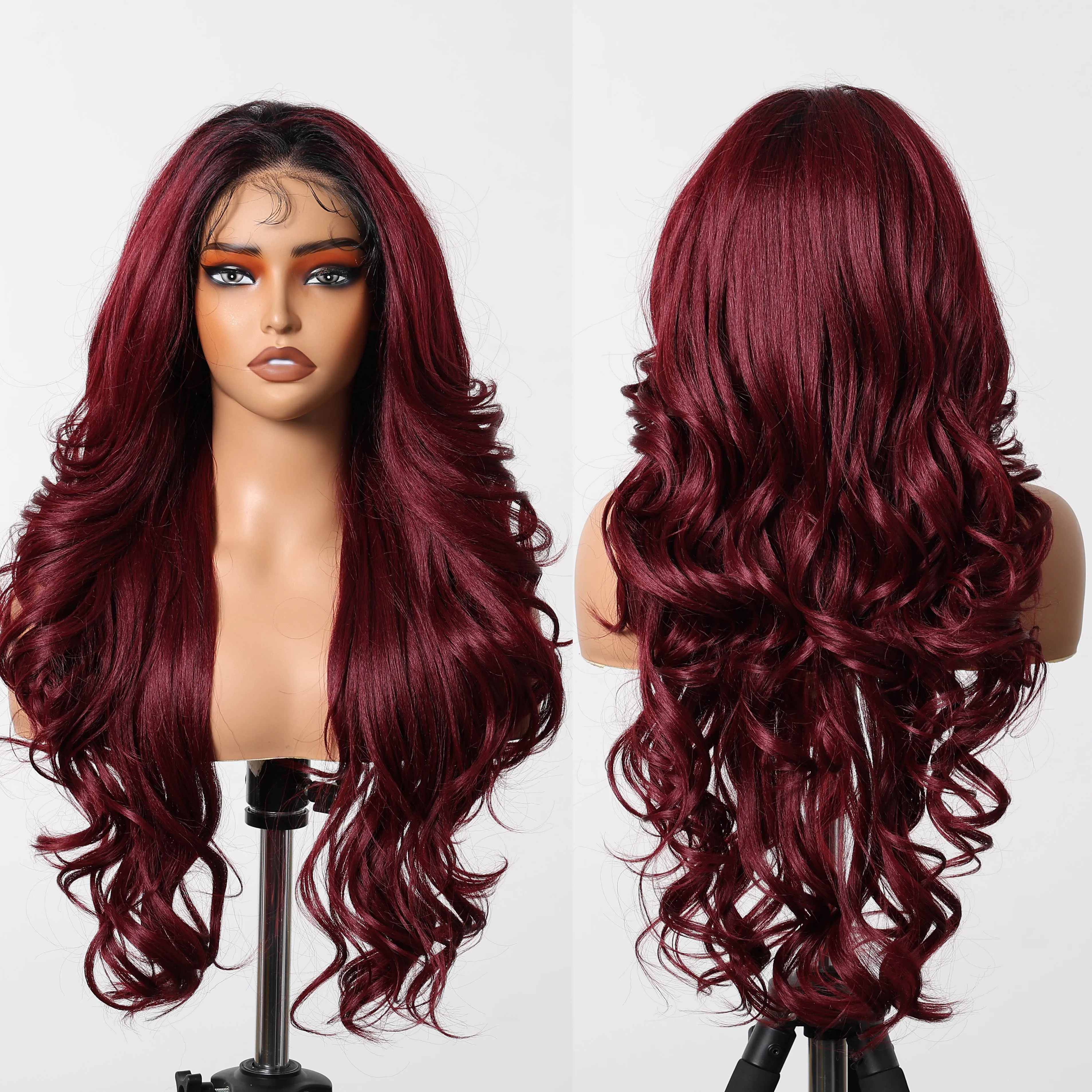 13*6 Large Area Handmade Lace Wig Synthetic Future Fiber Long Natural Multi-Layer Soft Wave Wig Color Mixing High Density Red