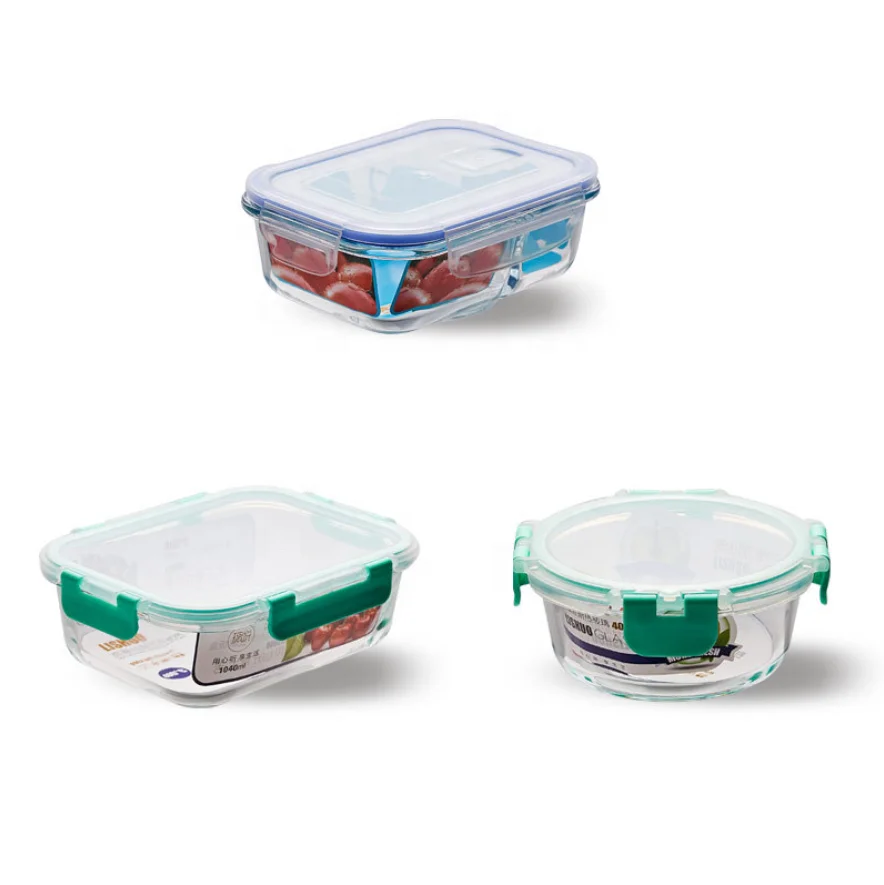 

930ml food container glass meal prep with 3 compartments bpa divided glass lunch box, Screen printing