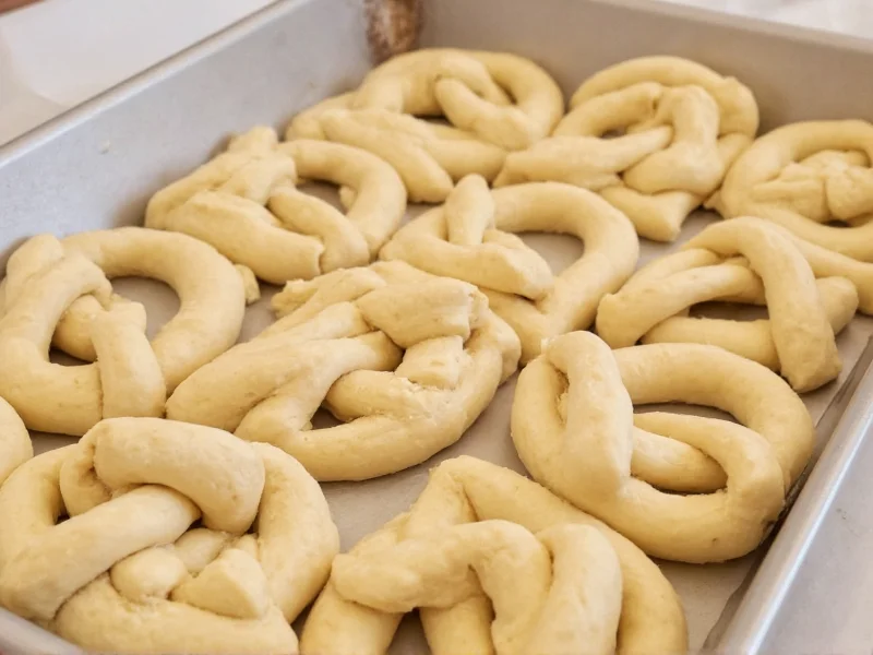 Homemade pretzel dough shaped into classic knots before baking