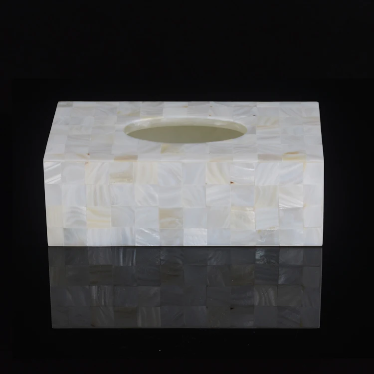 

2021 new luxury high end custom logo rectangle pure white seashell mother of pearl inlay tissue box holder for hotel home gift