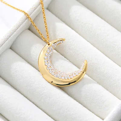 

Stainless Steel White Crystal Rhinestone Moon Necklace Semi Circle CZ Moon Pendant Necklace For Women
