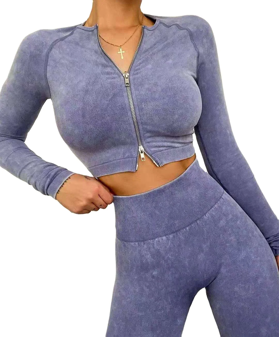 

Women'S Sport Long Sleeve Double Front Zipper Jacket Crop Top 2 Piece Acid Wash Seamless Yoga Leggings Set, Green, black, pink