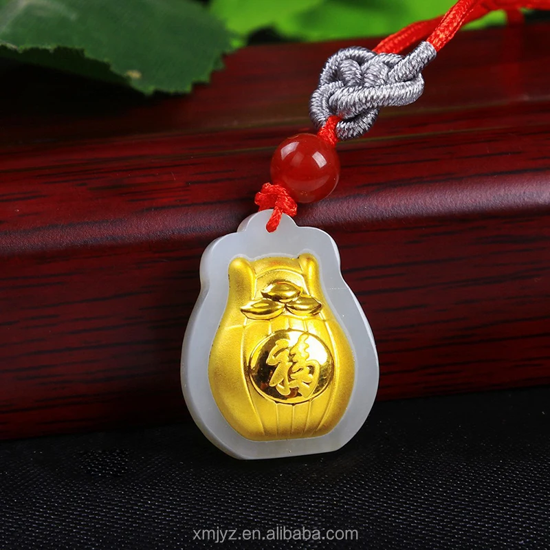 

Certified Gold Inlaid Jade Pendant Hetian Jade Pure Gold 24K Gold Lucky Bag Necklace Pendant Men'S And Women'S Money Bag Jewelry