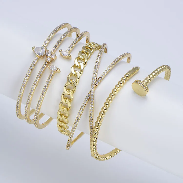 

BC2037 Loved hot sale fashion jewelry 18K Gold Plated Brass Bracelet CZ Micro Pave Open Link Simple Hand Cuff Chain Nail Bangle