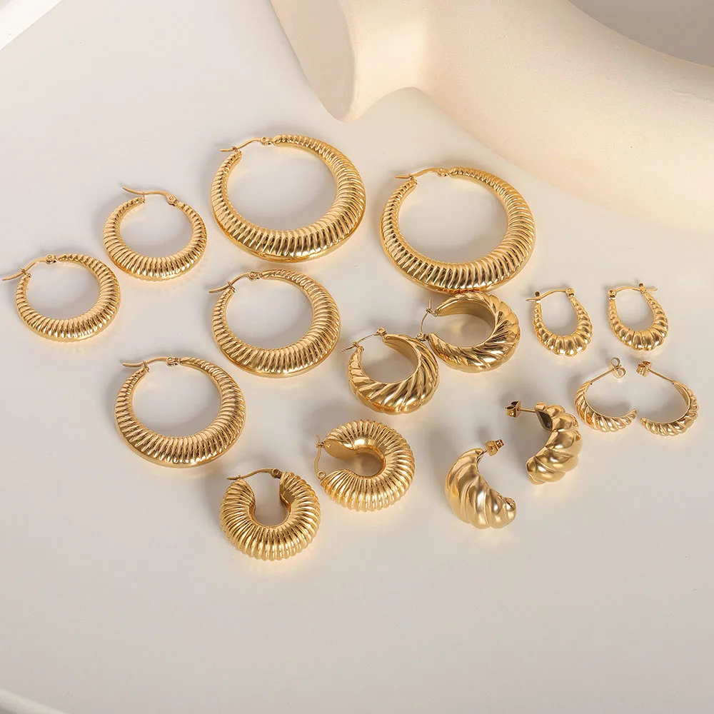 

Wholesale 18K Gold Filled Fashion Jewelry Twist Rope Round Large Hoop Stainless Steel Solid Chunky Huggie Earring