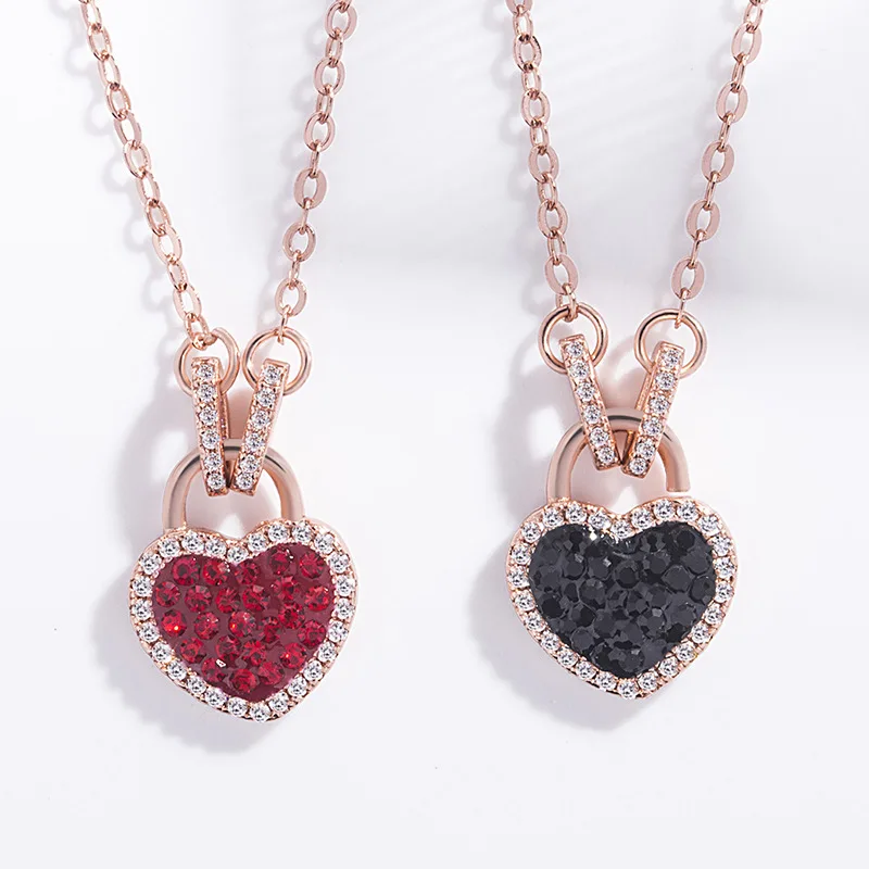 

2021 Newest Fashion Red Rhinestone Peach Heart Pendant Necklace Rose Gold Twinkling Crystal Heart Padlock Necklace Women