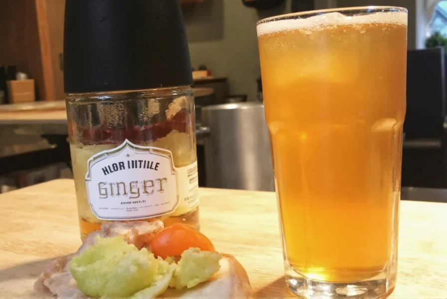 Fresh ginger root, sugar, lemons and glass bottles arranged for homemade ginger beer recipe