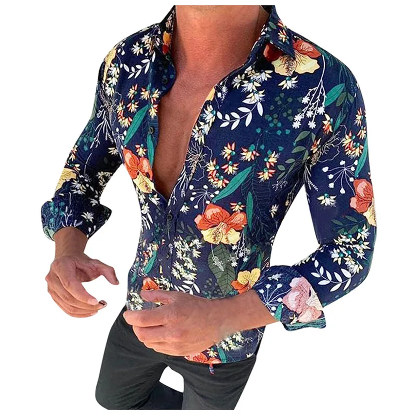 

DLL MY-190602 Floral Turn-down Collar Apparel Stock Full Sleeve t Shirt for Men Long Sleeves, As picture or customized make
