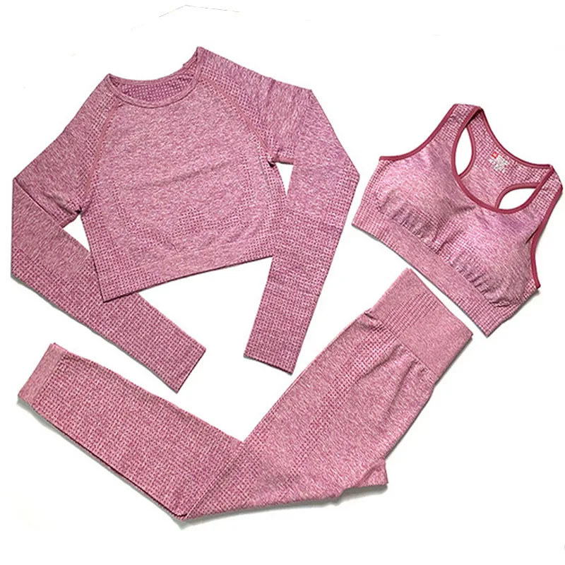 

2021 New Seamless 3Pcs Long Sleeve Top Bra And Pant Gym Workout Fitness Sportswear Suits Yoga Sets Clothes For Woman, 8 colors