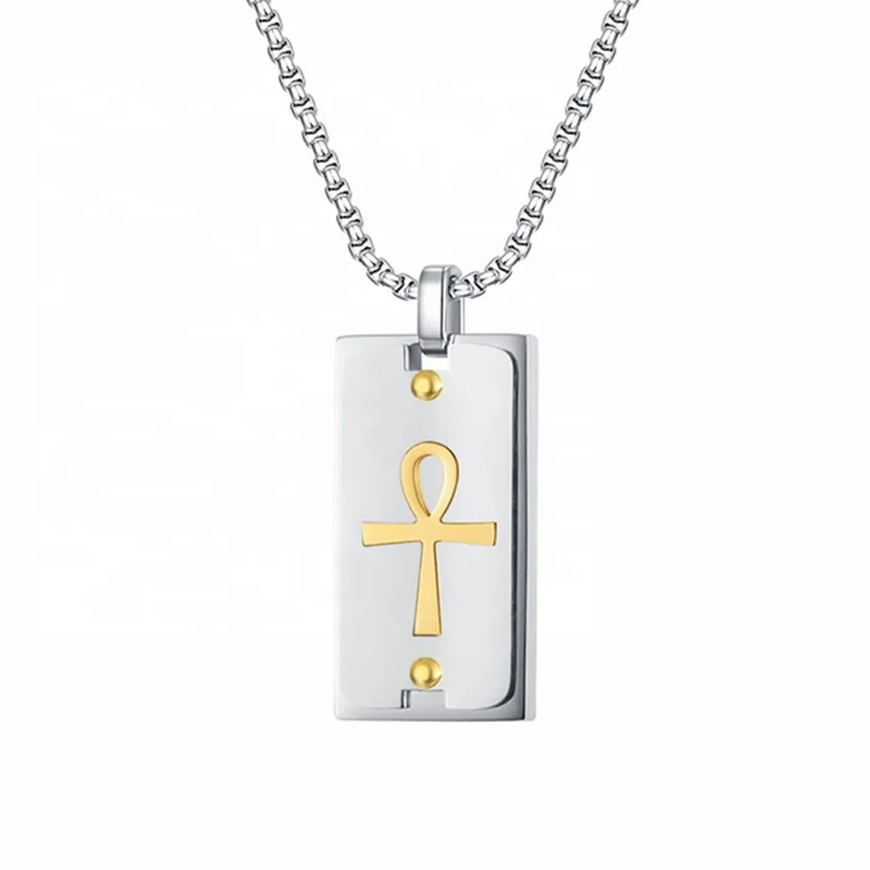 

MECYLIFE Punk Stainless Steel Pendant Necklace Men's Life Symbol Double Layer Ankh Cross Necklace, Silver,gold