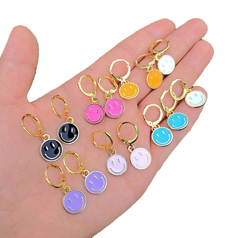 

Women fashion jewelry 18k gold plated multi color round disc colorful happy face smiley earrings