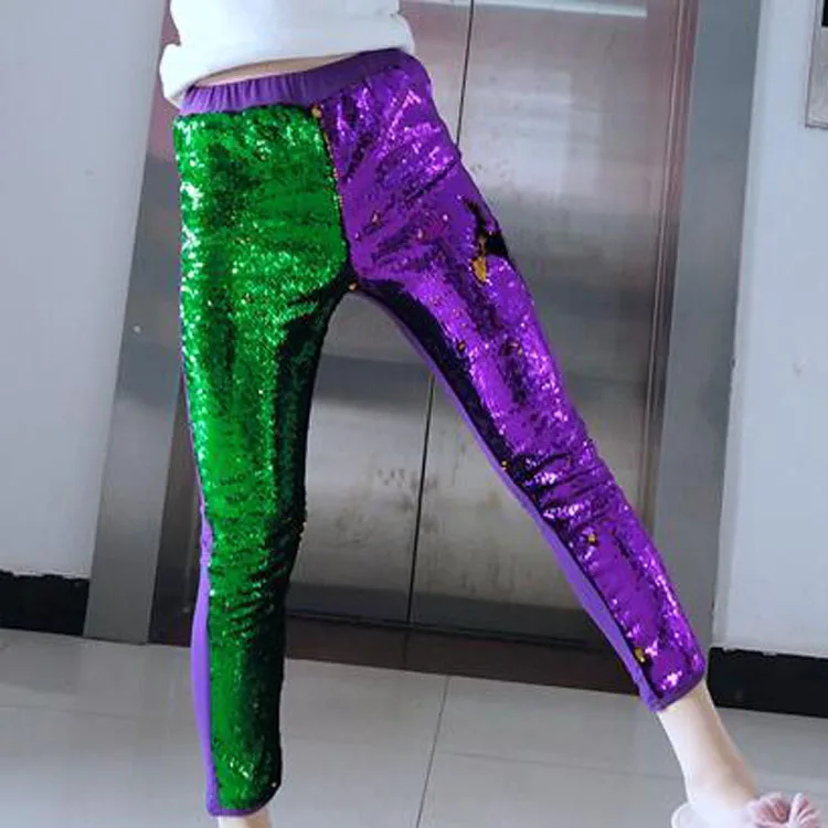 

Mardi Gras Kids Reversible Purple Gold Green Pants Mardi Gras Flip Children's Sequin Leggings, Picture