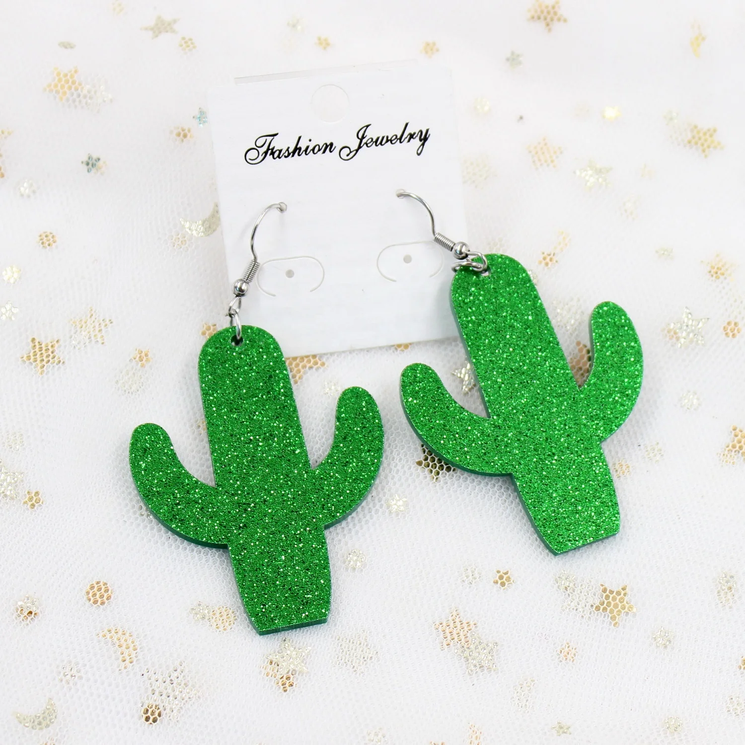 

AH007  Acrylic Cactus Dangle Earrings Green Glitter Cactus Drop Earrings, Picture