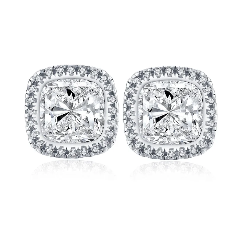 

925 Sterling Silver Stud Earrings for Women 2.5ct Cushion Cut Simulated Diamond Halo Stud Earrings Silver Earrings