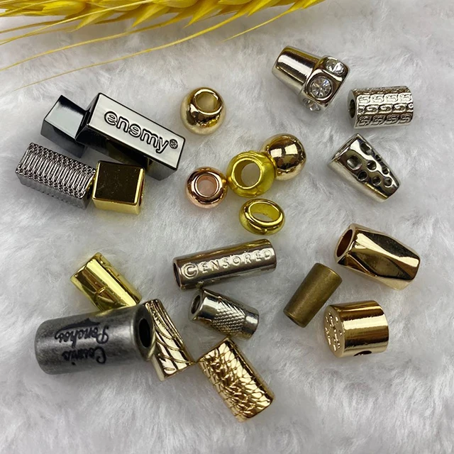 

high quality custom engraved logo beads stoppers cord end for Bikini swimwear, Silver metal beads