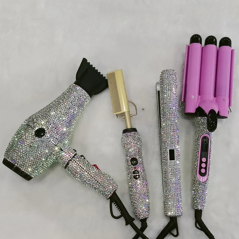 

Professional salon tools set bling rhinestone blow dryer and hair wave iron hair crimper irons