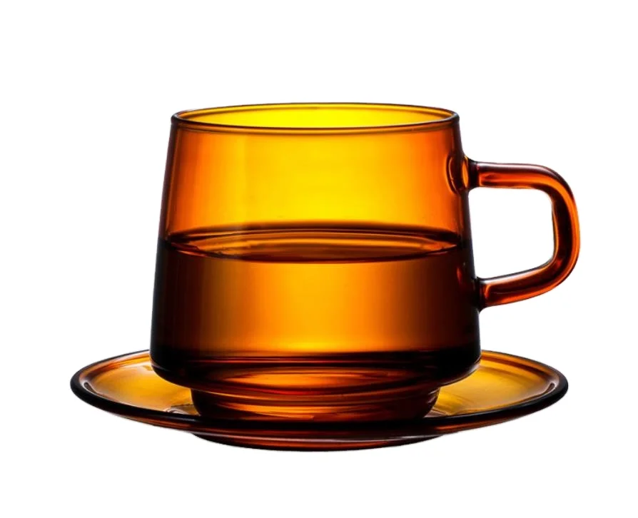 

Eco-friendly High Temperature Resistance Single Wall Colored Glass Coffee Cup With Coaster, Transparent