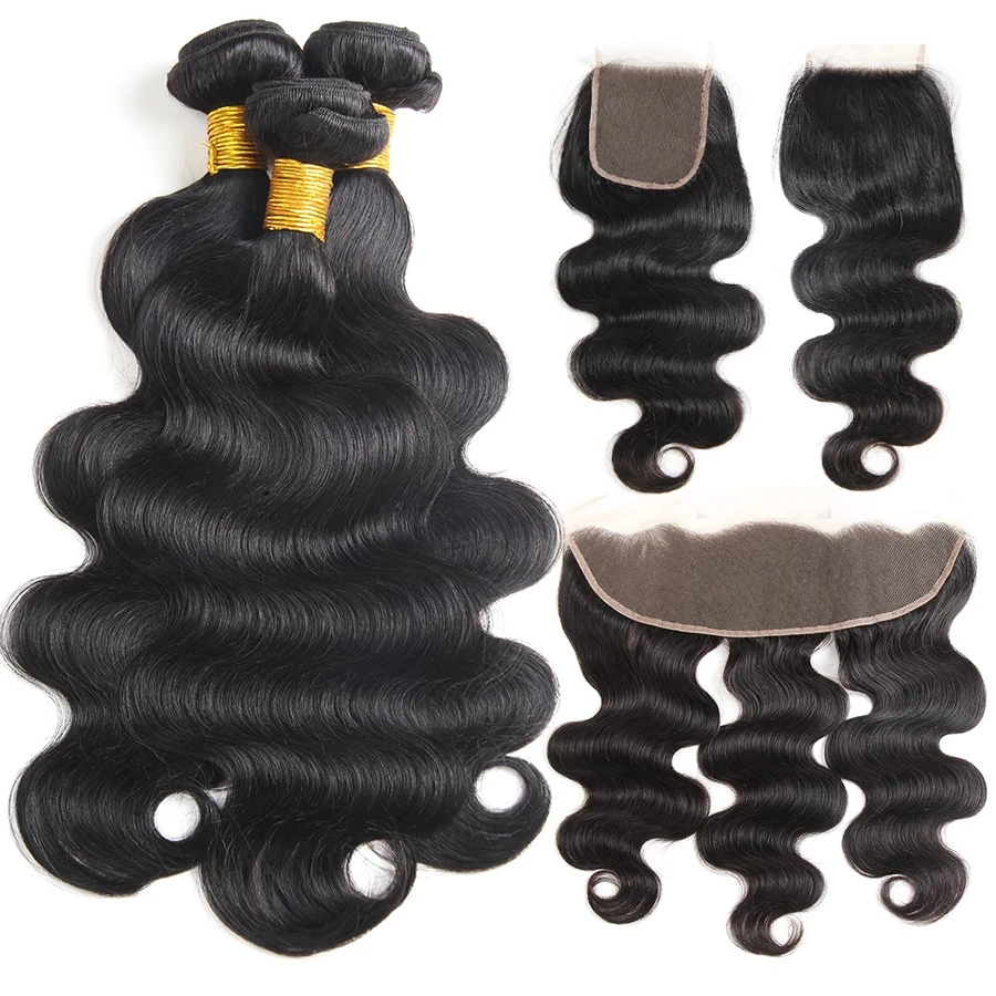 Wholesale Bundle Deals in Bulk Cuticle Aligned Virgin Hair Bundles With Lace Closure Raw Brazilian Human Hair Wavy Pack of 3