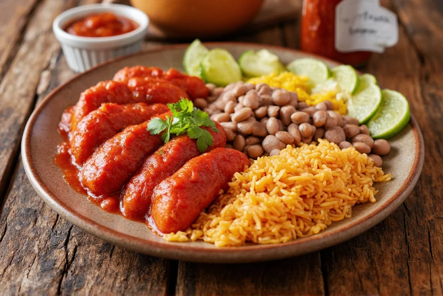 Plated authentic chili rellenos with tomato sauce, rice, and beans on traditional Mexican dish