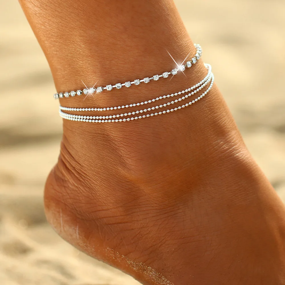 

Summer Sexy Beach Barefoot Jewelry Multilayer Beads Chain Ankle Bracelet Layered Shining Crystal Anklet