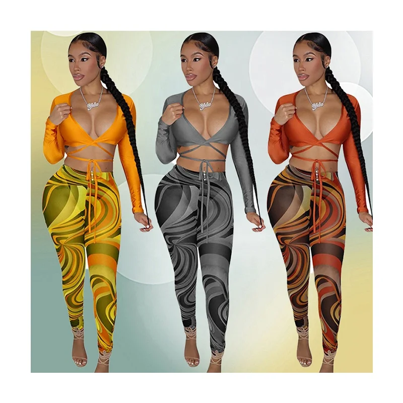 

XUYA Multi Color bandage 2 Piece Clothing Crop Top Tracksuit Two Piece Pants Set 2 Piece Set Women